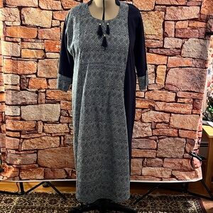 USTAV blue and white cotton print pullover dress/kurta contrasting solid color
